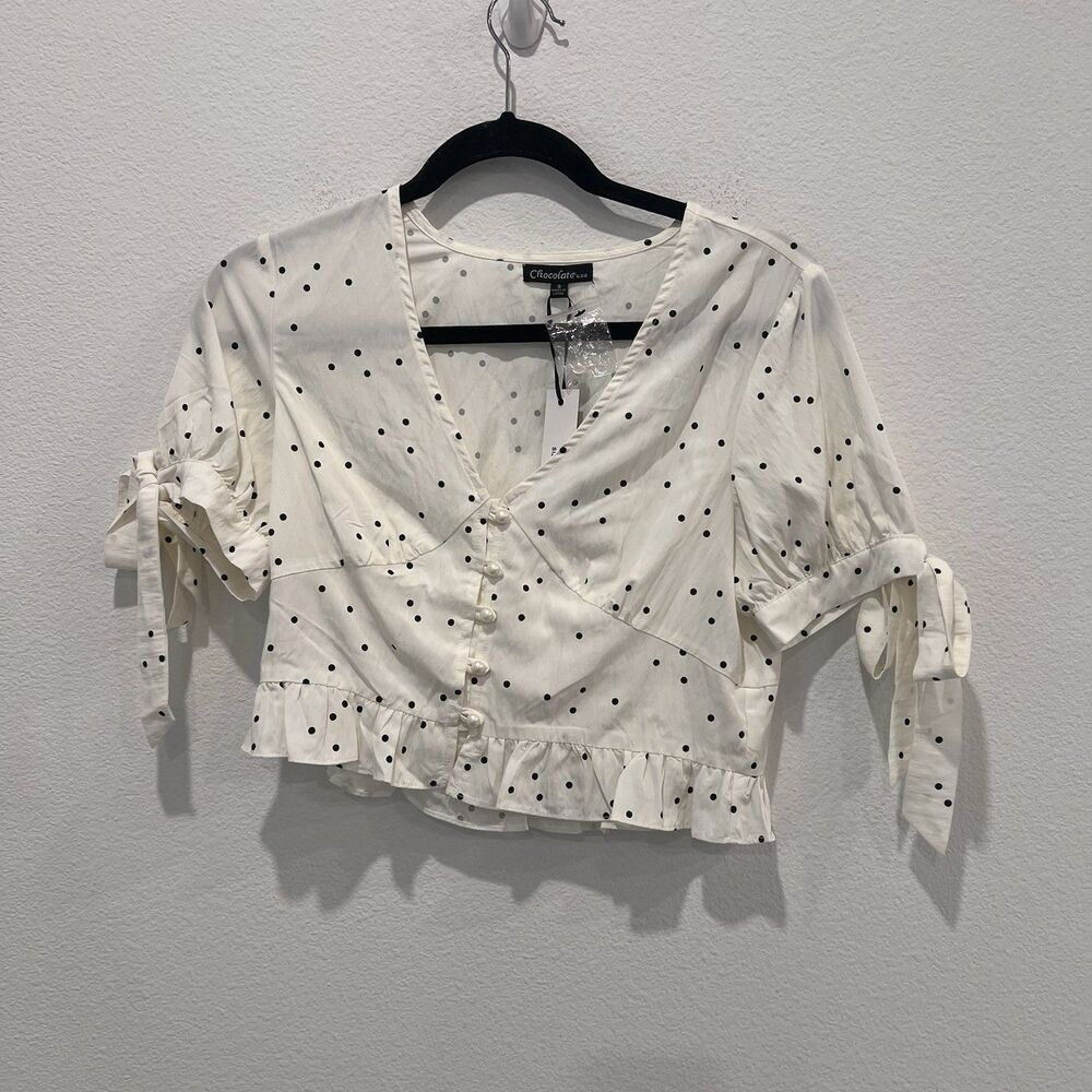 Women’s Crop Cream Top Balloon Tie Sleeve Polka Dot Small Party Summer Soft Girl